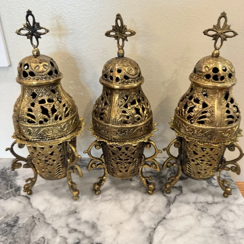 Set 3 Vintage Solid Brass Greek / Orthodox Tabletop Incense  Burners ~ Thuribles